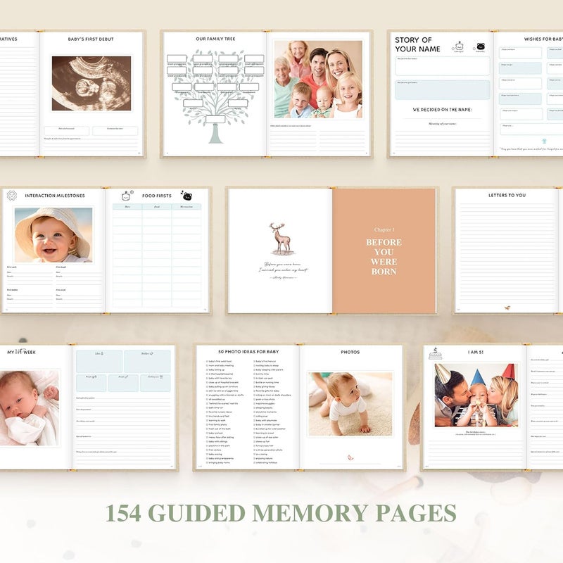 Lanpn Baby Memory Book - Linen Baby Book Journal Memories Keepsake - The Story of You - Newborn Baby First 5 Year Scrapbook Photo Book Milestone Album for Boy Girl New Parents (Sage Green, 154 Pages) - Image 5